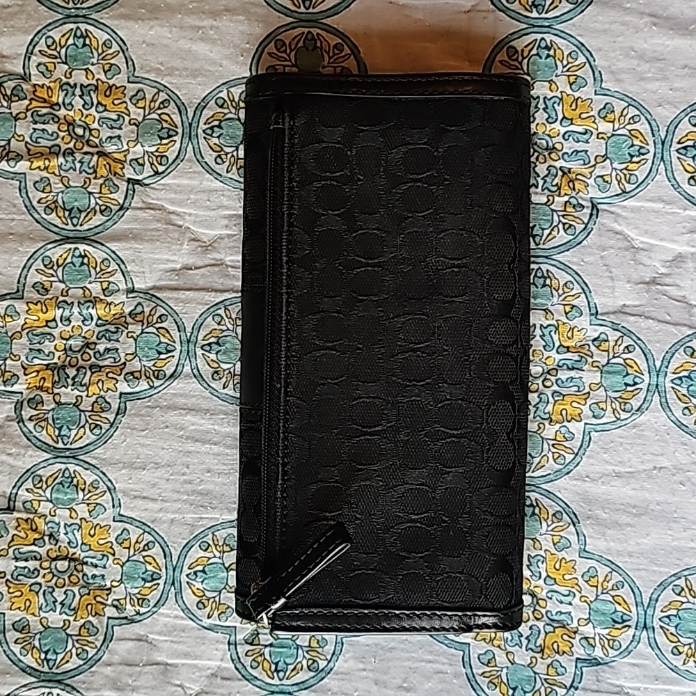 Vintage Coach Black Monogram Signature Jacquard Canvas & Leather Trifold Wallet - Picture 2 of 13